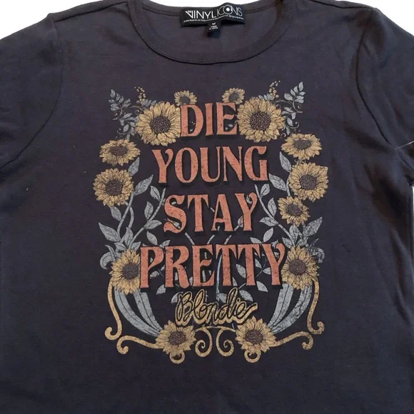 Vinyl Icons  NWOT JR (S & M) black cropped tee - DIE YOUNG STAY PRETTY - Picture 6 of 9